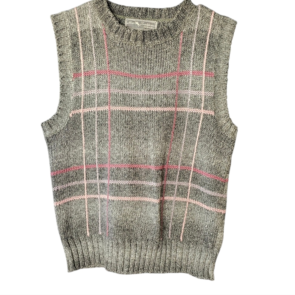 Y2K Sweater Vest Gray Pink Plaid Wool Blend Crew Neck School Girl Preppy Vest M